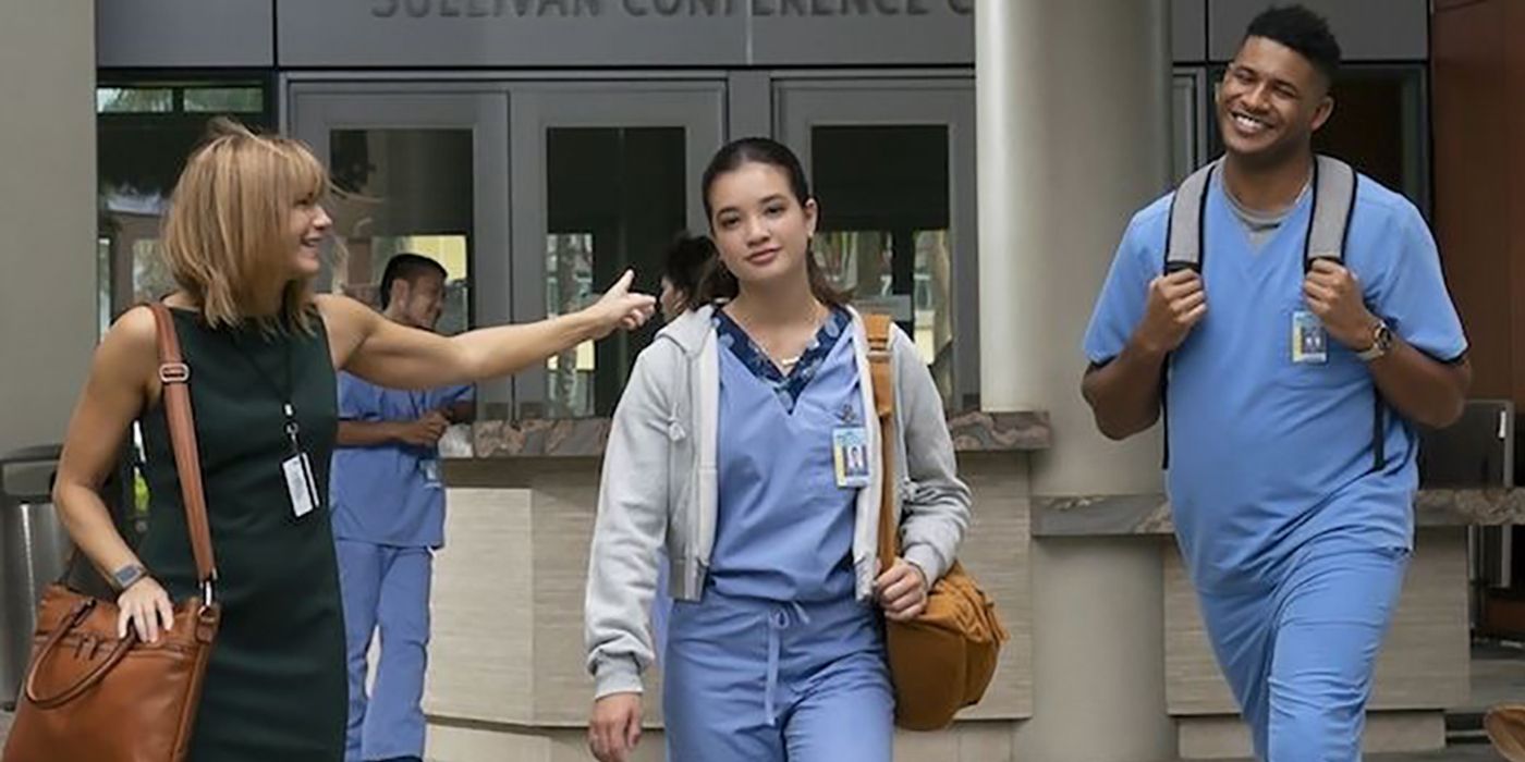Leleha &quot;Doogie&quot; Kameahola walking with others from the hospital from the Disney+ series.