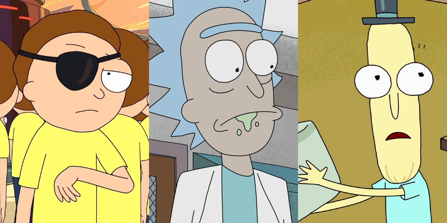 Split image where Evil Morty looks askance, Rick dribbles barf from his mouth, Mr. Poopybutthole looks shocked.