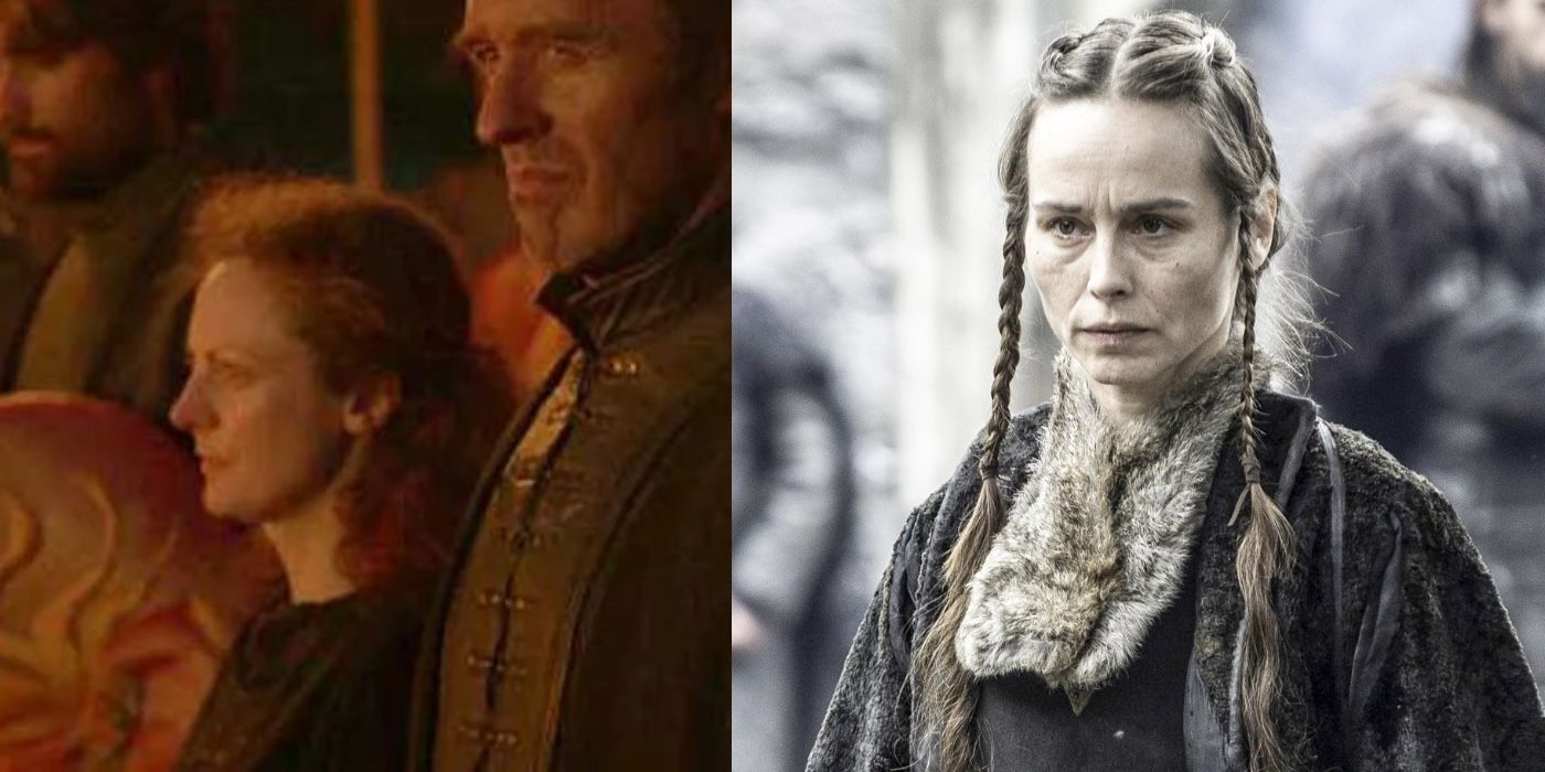 Split image of the two versions of Selyse Baratheon on Game of Thrones