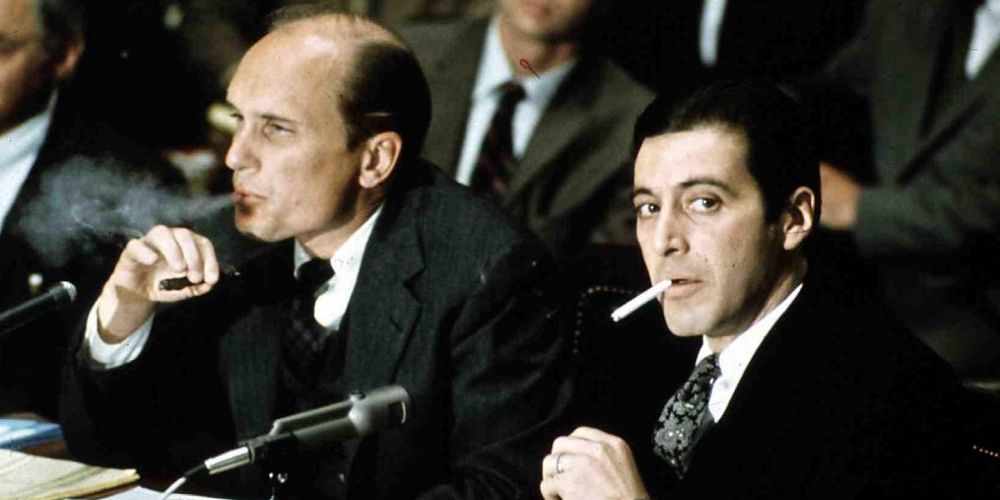 Tom and Michael smoke at Senate hearing in The Godfather Part II