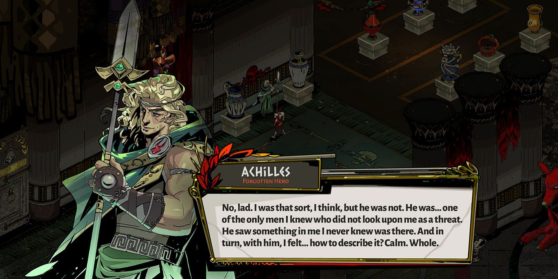 Achilles talking to Zagreus about Patroclus in the game Hades.
