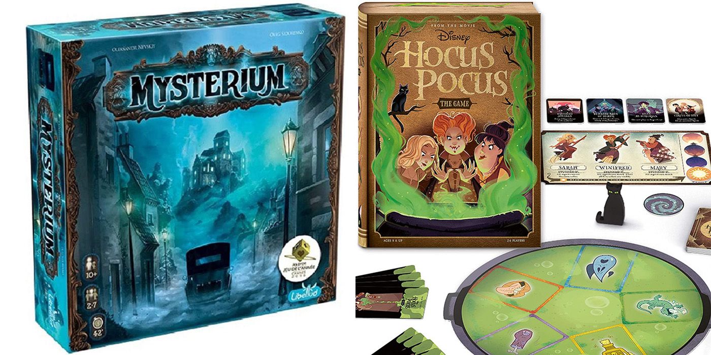 Split image of the board games Mysterium and Hocus Pocus.