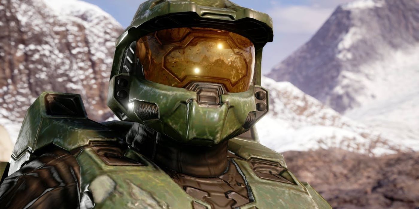 Halo's Master Chief in front of a mountain
