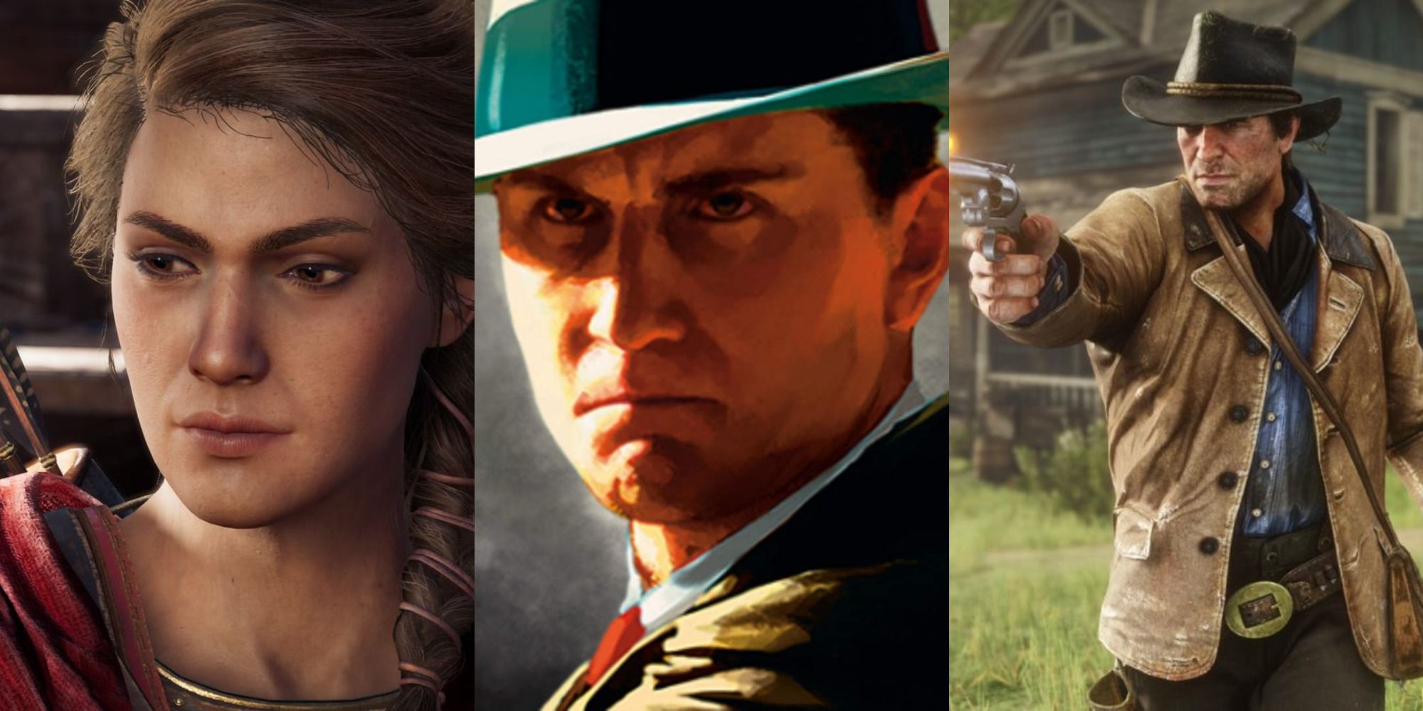 Split image of Red Dead Redemption 2 , LA Noire, and Kassandra from Assassin's Creed Odyssey.