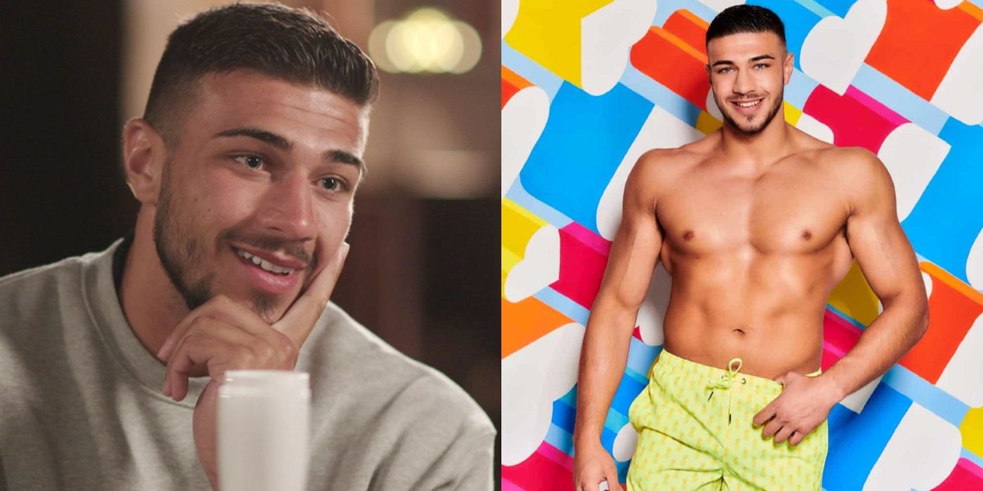 Split image: Tommy Fury puts his hand to his face and poses topless for a Love Island promo image