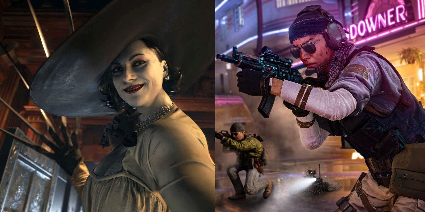A woman holds up a claw in Resident Evil Village and a soldier points a machine gun in Call of Duty: Black Ops: Cold War