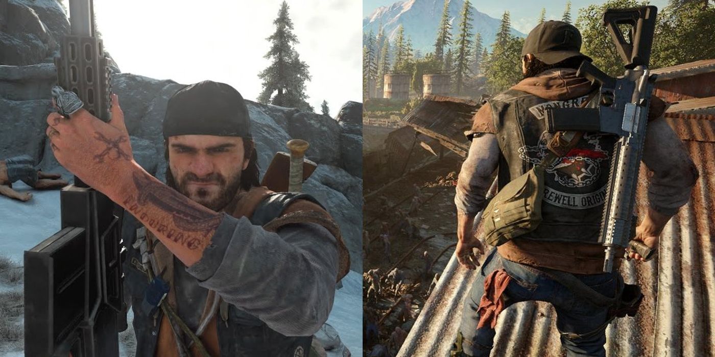 Split image of Deek holds the .50 BFG rifle and carries the RPD gun on his back in Days Gone.