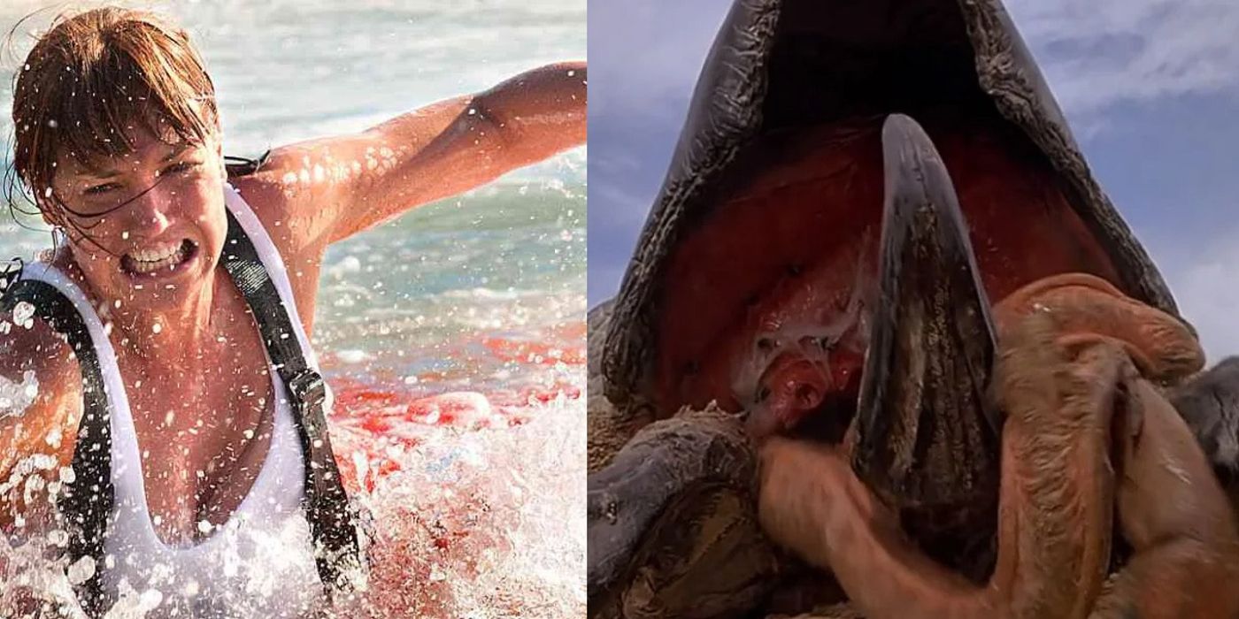 Split image: Dr. Silke attacked in Tremors 6 and the Graboid monster shows its tongue in Tremors