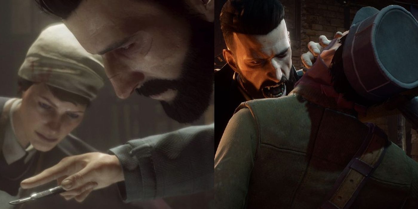 Split image of Jonathan holding a scalpel and biting a man's neck in Vampyr
