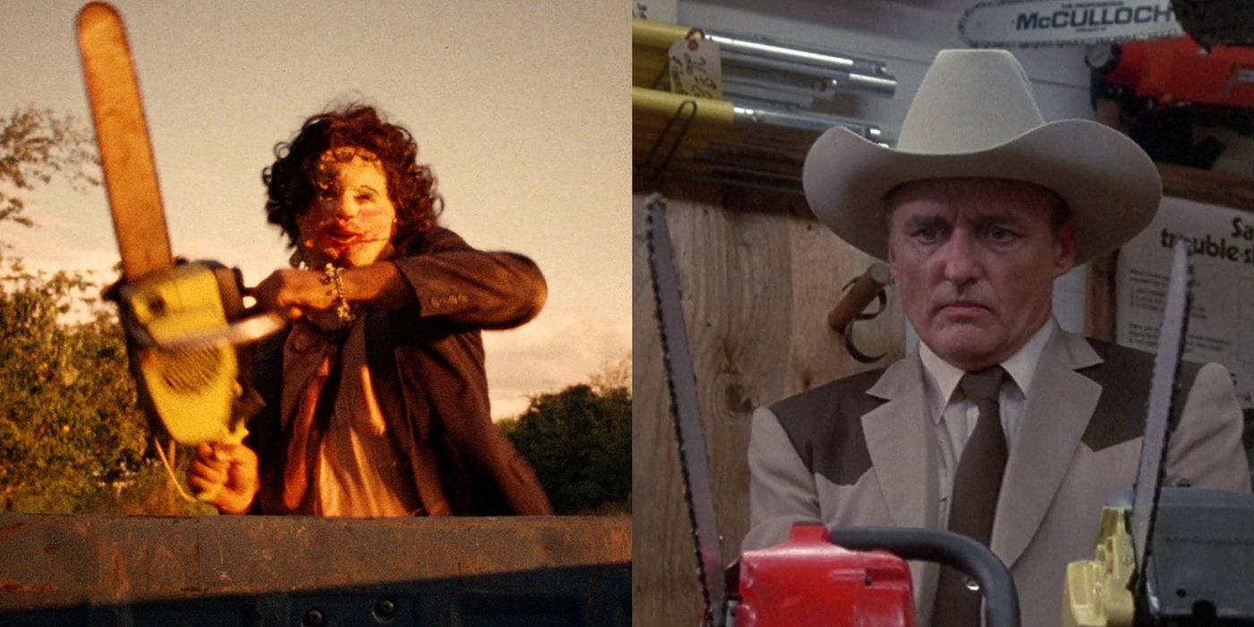 Split image of Leatherface holding up a chainsaw in The Texas Chainsaw Massacre and Lefty holding up two chainsaws in The Texas Chainsaw Massacre 2