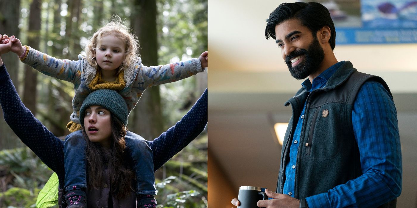 Split image - Alex carries Maddy on her shoulder and Nate smiles while holding a coffee mug on Netflix's Maid