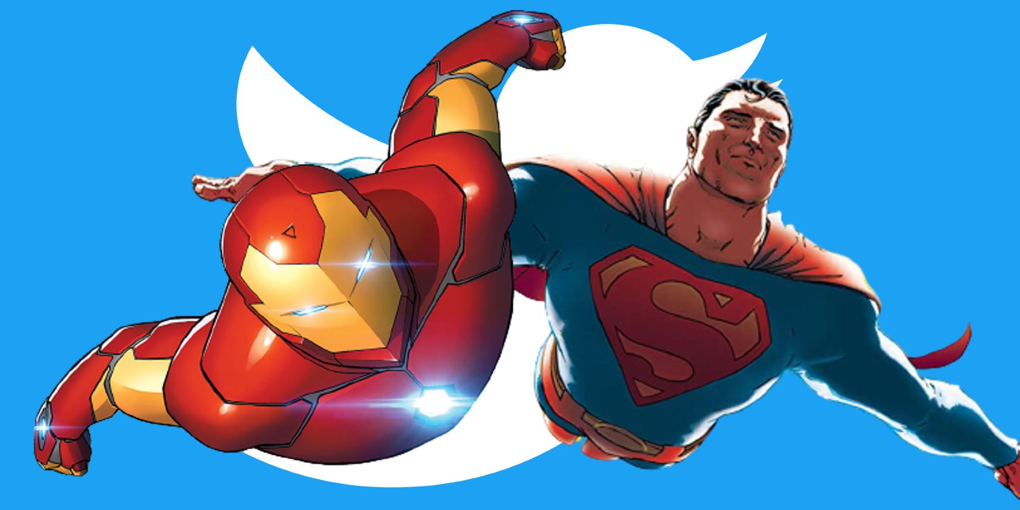 iron man and superman flying away from the twitter logo