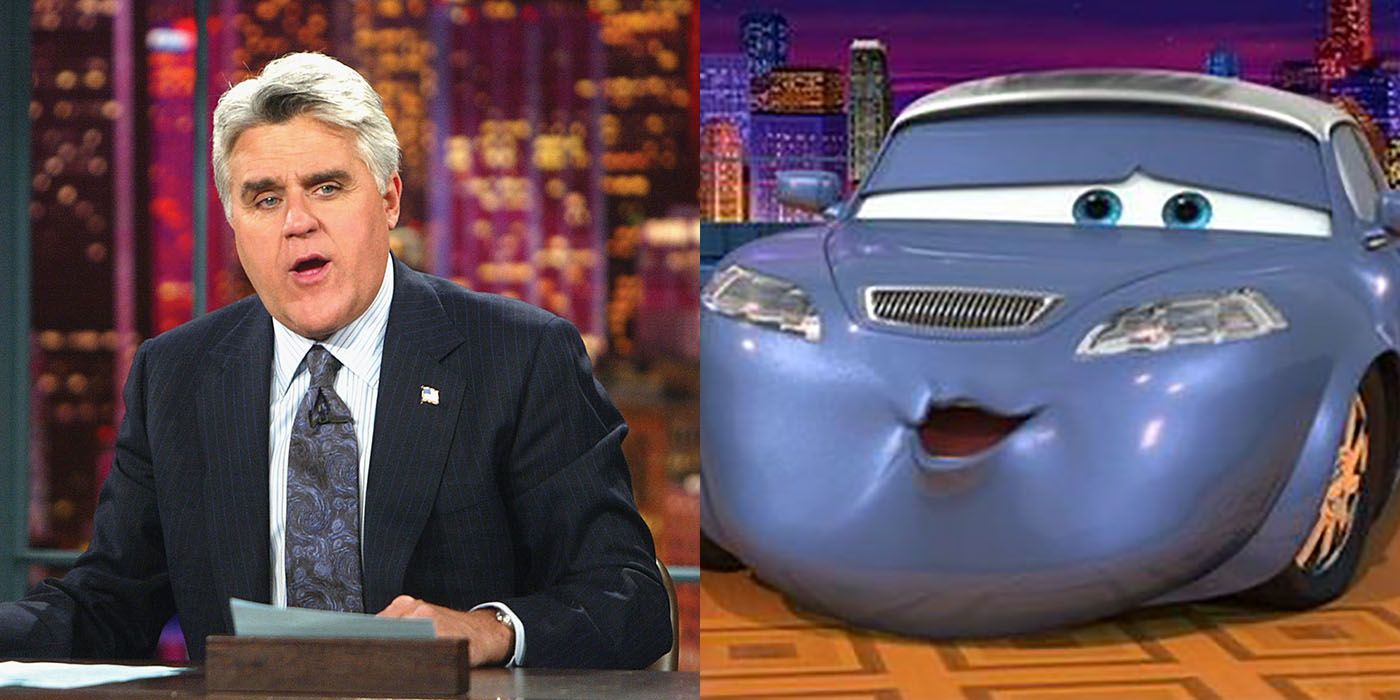 Split image of Jay Leno and the car he plays from CARS.
