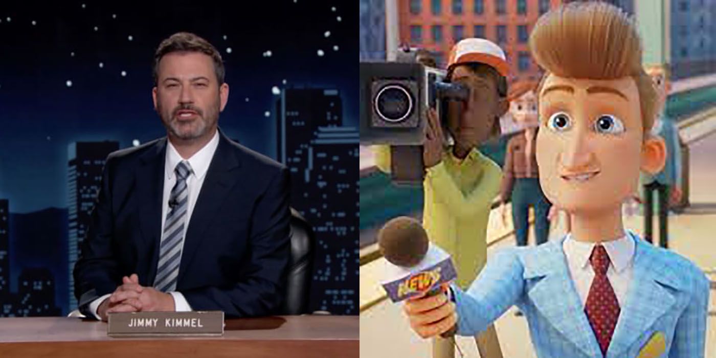 Split image of Jimmy Kimmel and his character from PAW Patrol: The Movie.