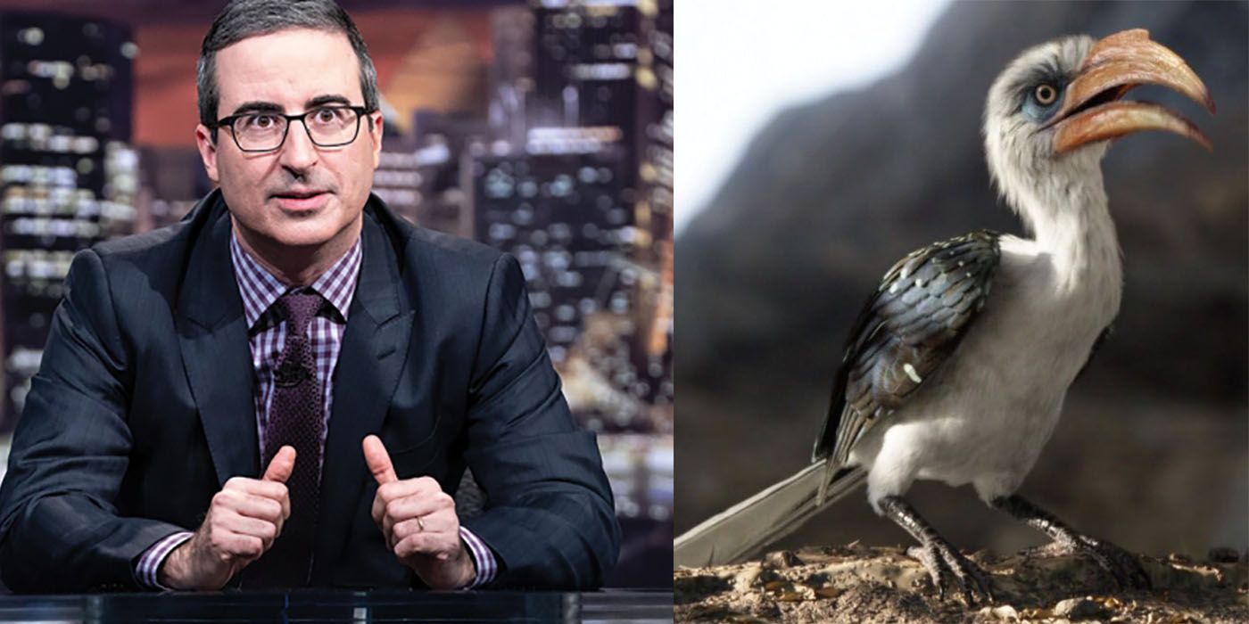 Split image of John Oliver and Zazu from The Lion King.