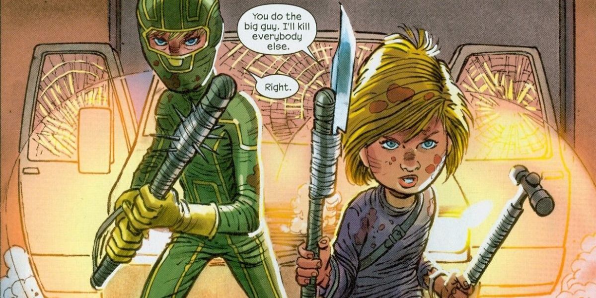 Kick-Ass stands next to Hit-Girl with weapons in Image Comics.