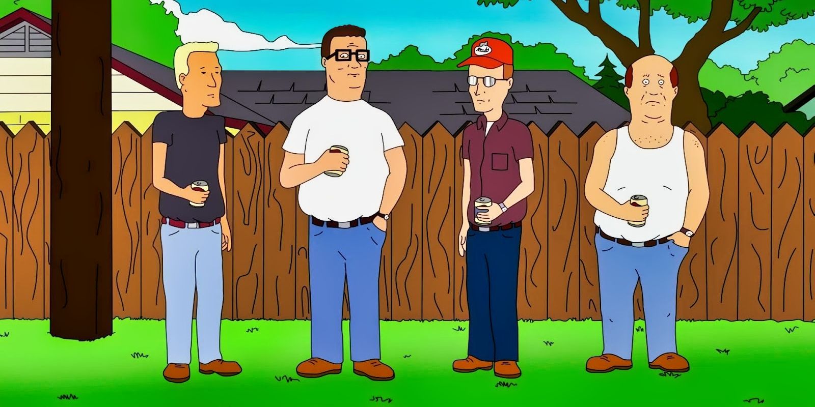 Hank está con Bower, Dale y Bill, bebiendo cerveza junto a la pared en King's Hill.