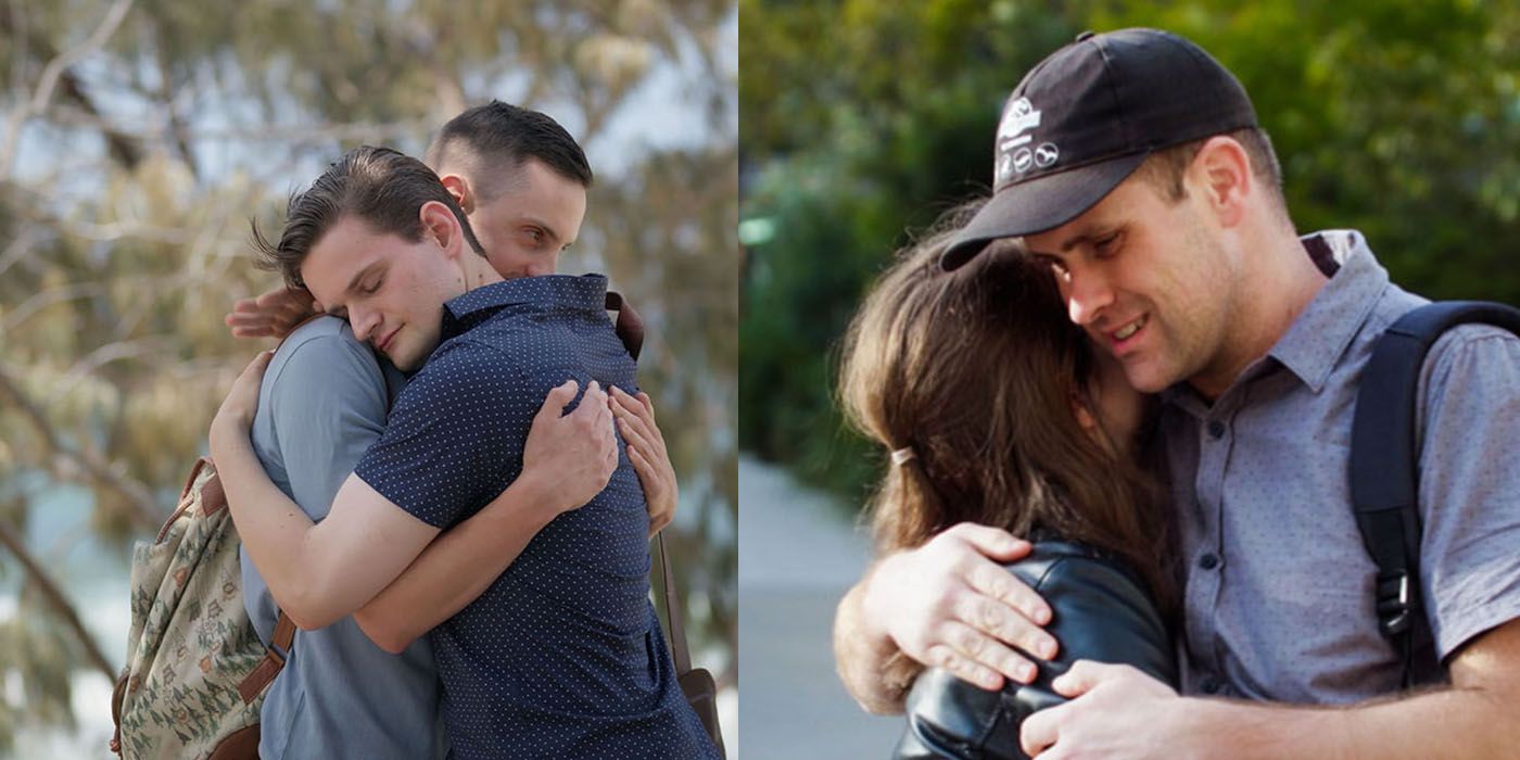 Split image: Jayden and Dan and Mark and Chloe from Love on the Spectrum, both pairs hugging.