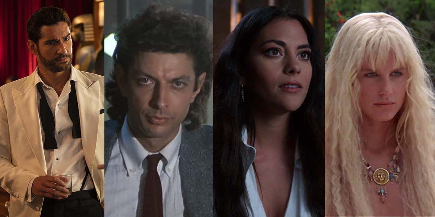 Four-way image of Lucifer Morningstar, Jeff Goldblum, Eve from Lucifer, and Daryl Hannah.