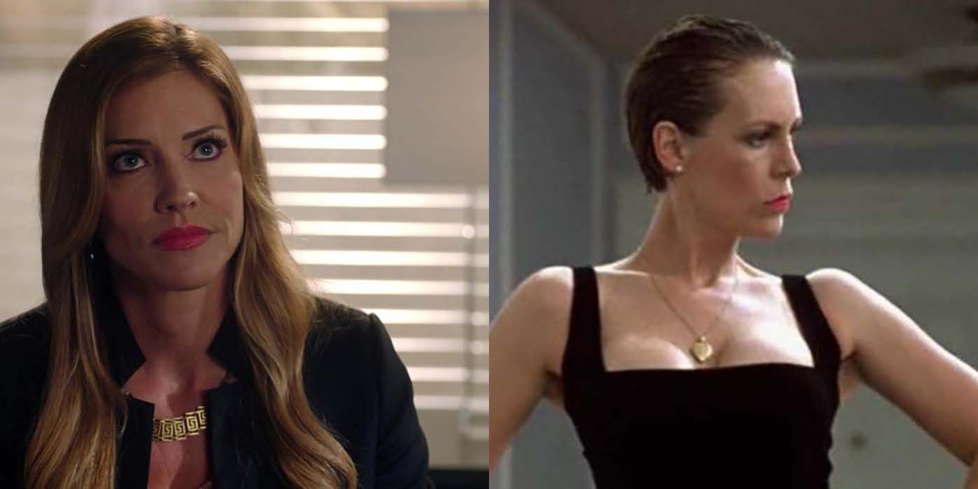 Split image of Charlotte from Lucifer and Jamie Lee Curtis from a scene in A Fish Called Wanda.