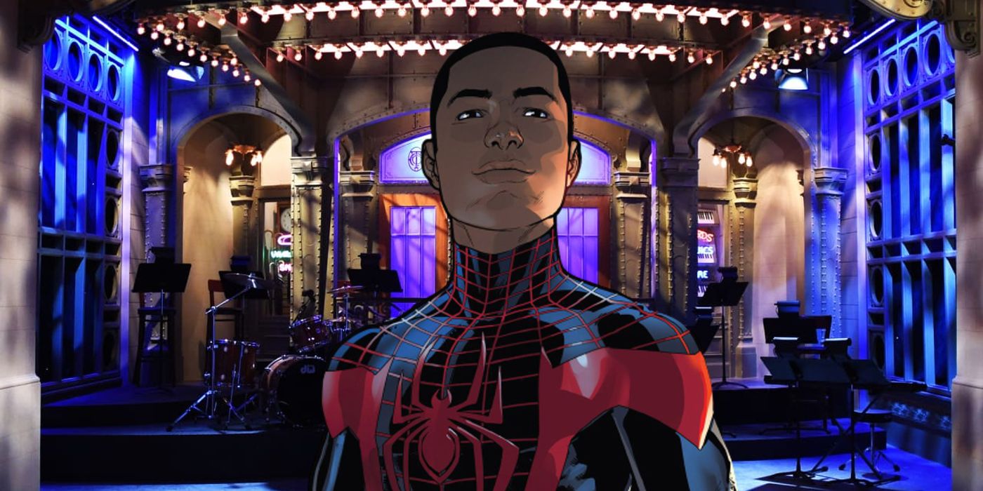 miles morales spider-man on the saturday night live set