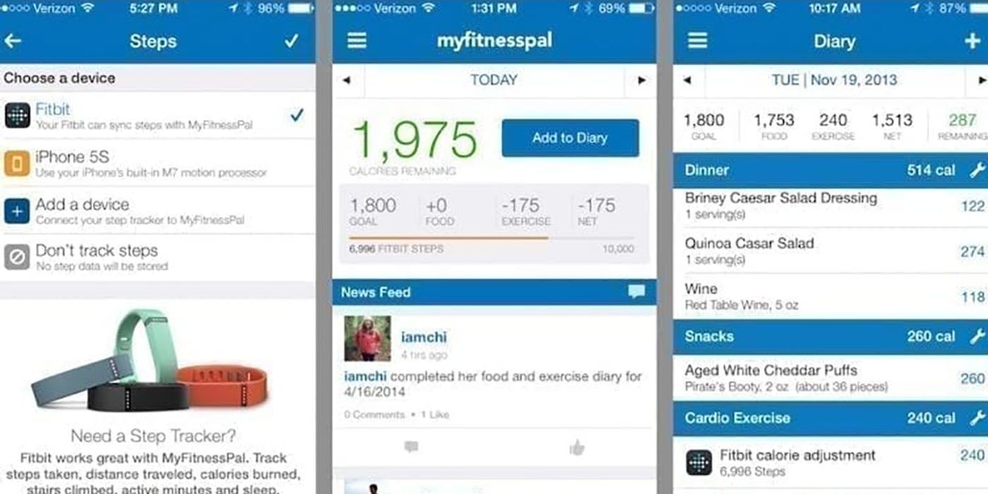 Three screenshots of the MyFitnessPal app.