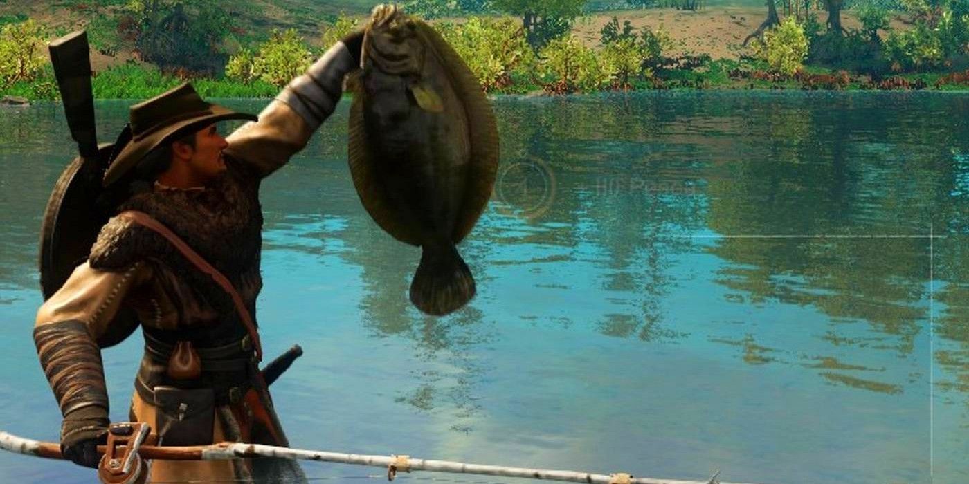 Player catching fish in New World