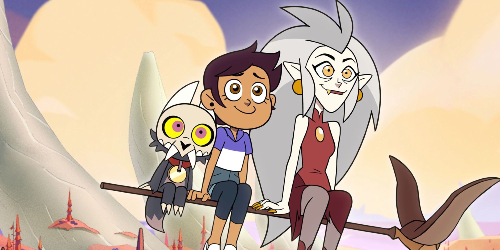 Três personagens principais sentados lado a lado na Owl House