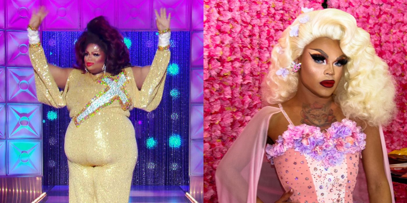 Two side by side images of Silky Nutmeg Ganache on the RPDR runway and Vanjie in Drag Race.