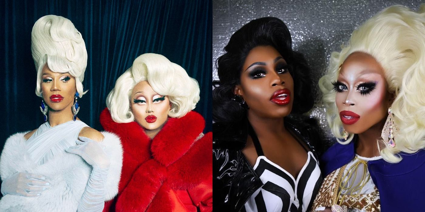Two side by side images of two pairs of best friend queens from Drag Race