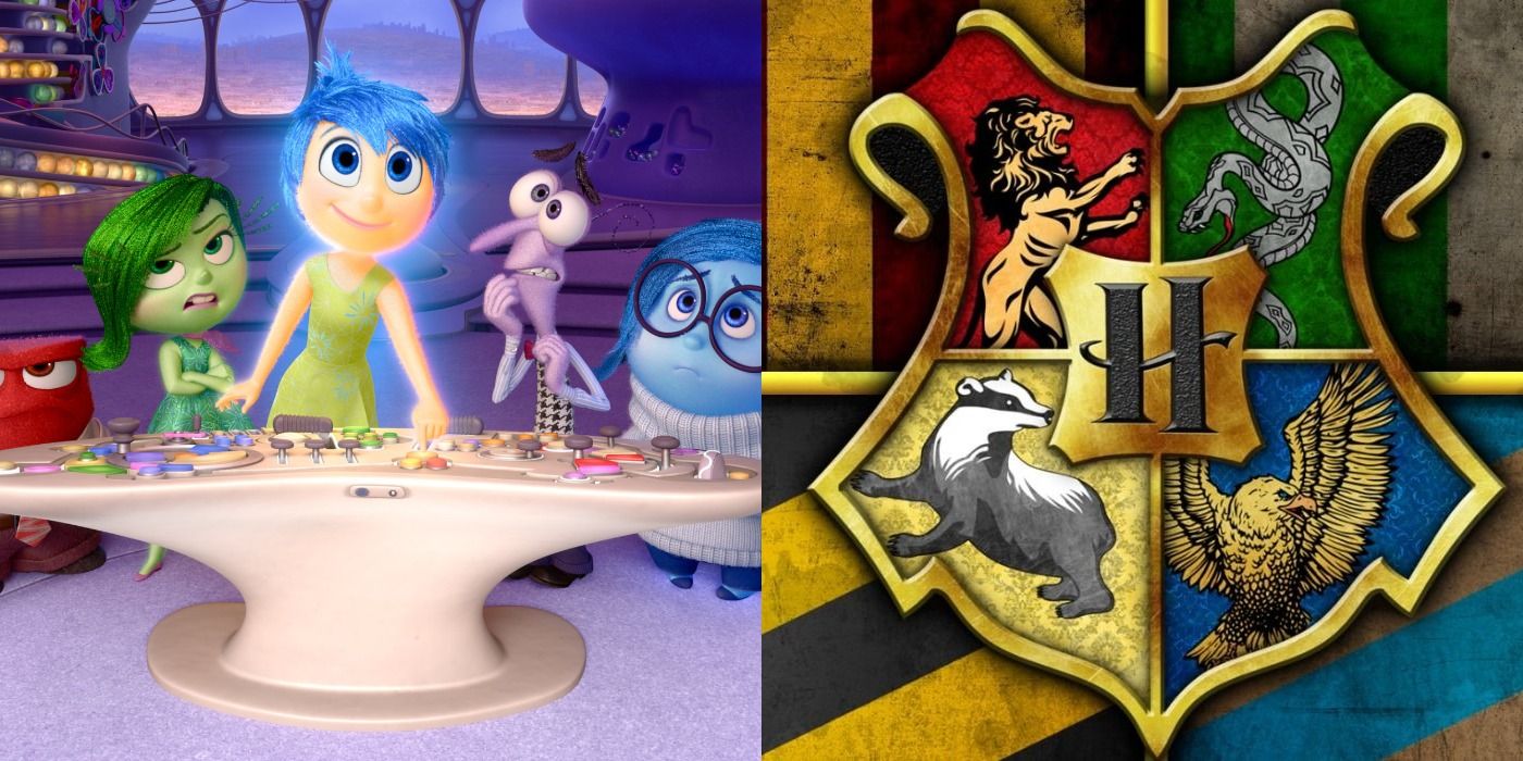 Split image of Inside Out and the Hogwarts crest