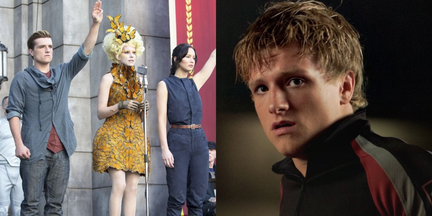 Split image of Peeta, Effie, and Katniss and Peeta alone in The Hunger Games