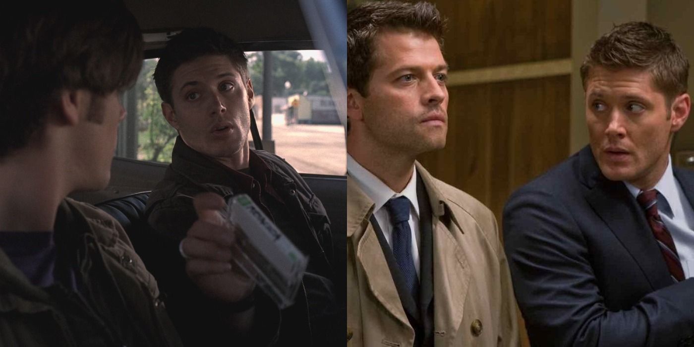 Split image of Dean and Sam on left and Dean and Cas on right in Supernatural