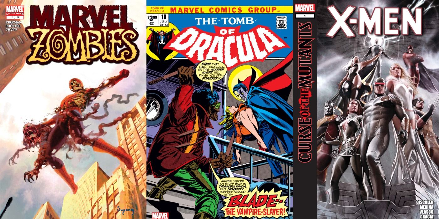 Split image of three Marvel horror comics covers