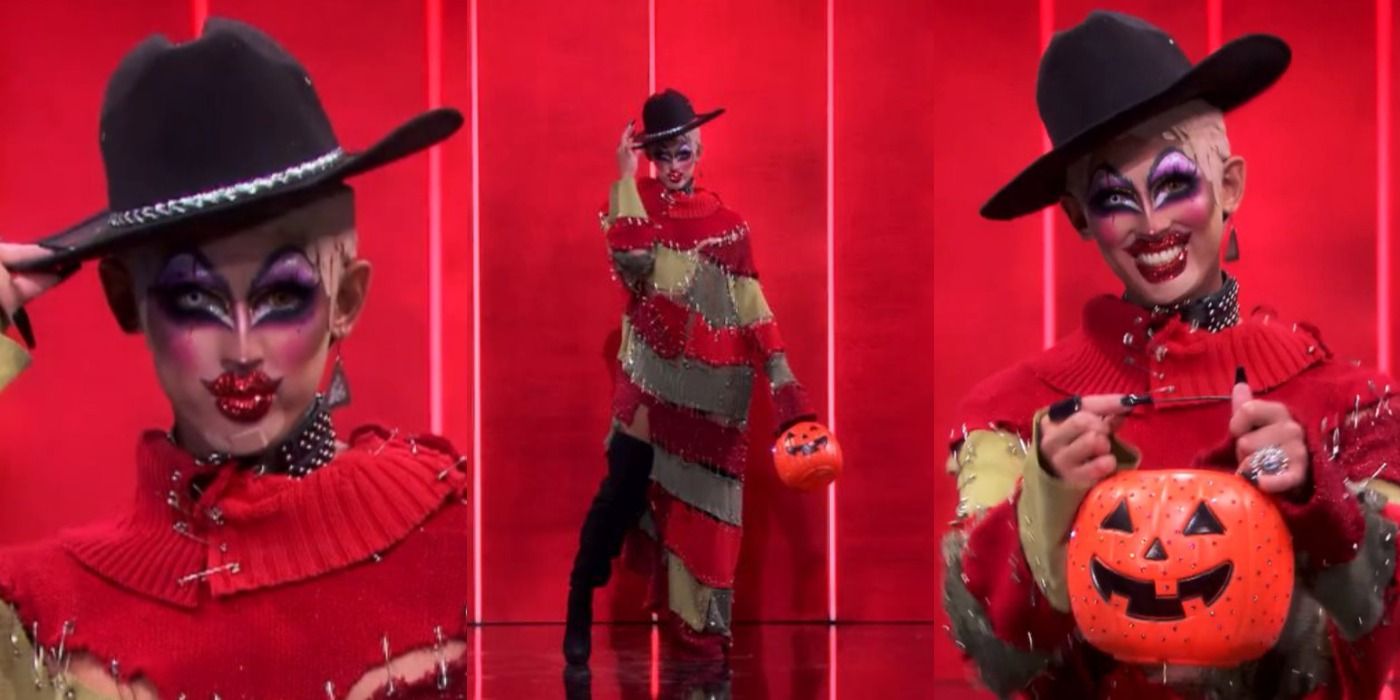 Imagem dividida de Crystal Methyd em sua roupa de outono em RuPaul's Drag Race