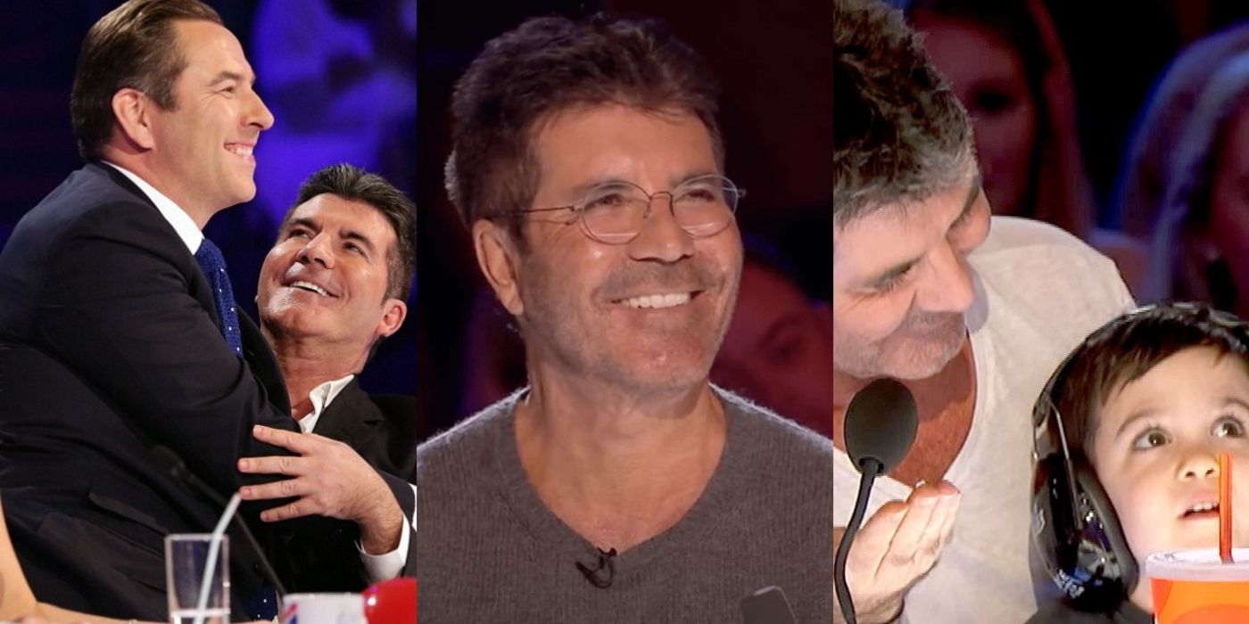 A side-by-side image of David Willams sitting on Simon Cowell's lap, Simon Cowell smiling and Simon with his son Eric