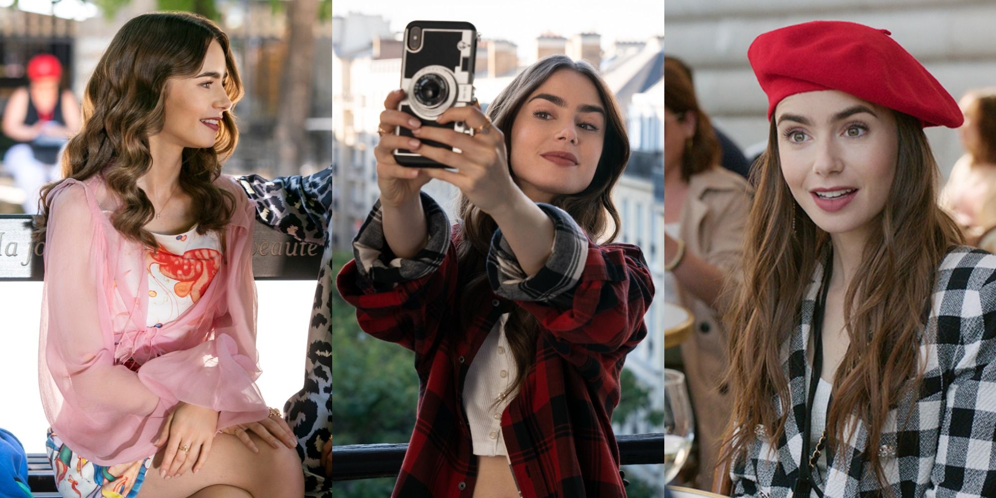 Split image of Emily sitting on a bench, Emily taking a selfie, and Emily talking at a cafe in Emily In Paris.