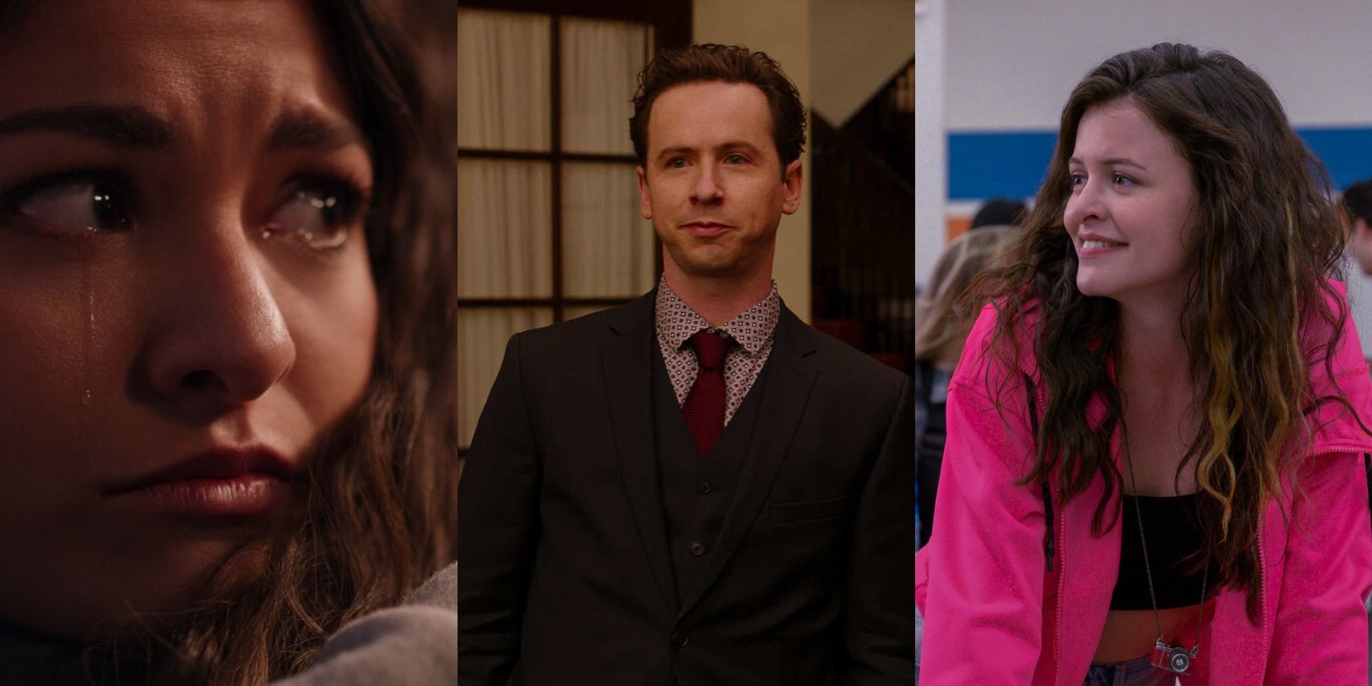 Split image of Sophie crying, Nick smiling, and Maxine in Ginny &amp; Georgia.