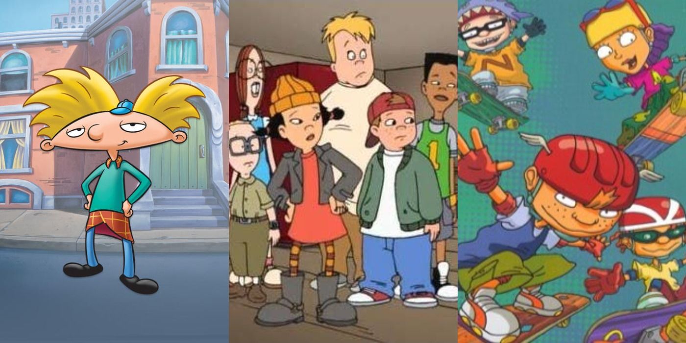 Side by side pictures of Hey Arnold, Recess, and Rocket Power.