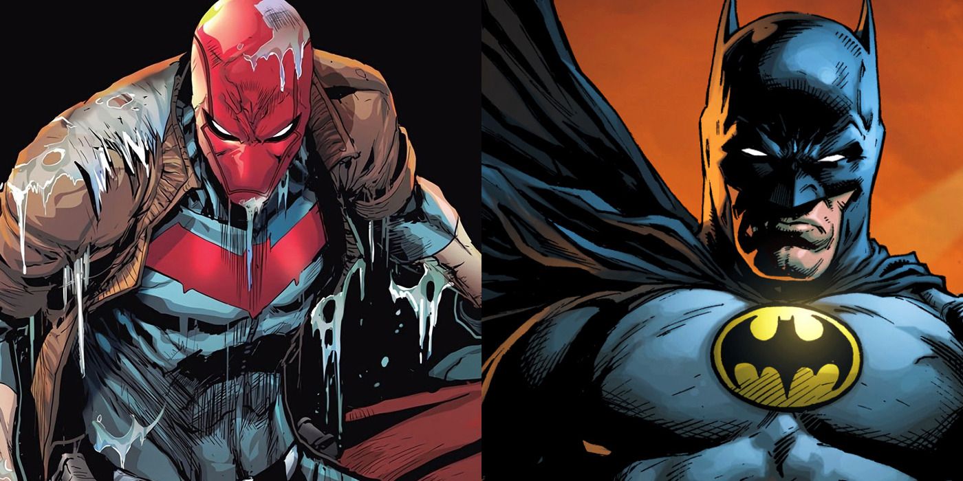 Split image of Red Hood emerging & Batman grimacing in DC Comics.