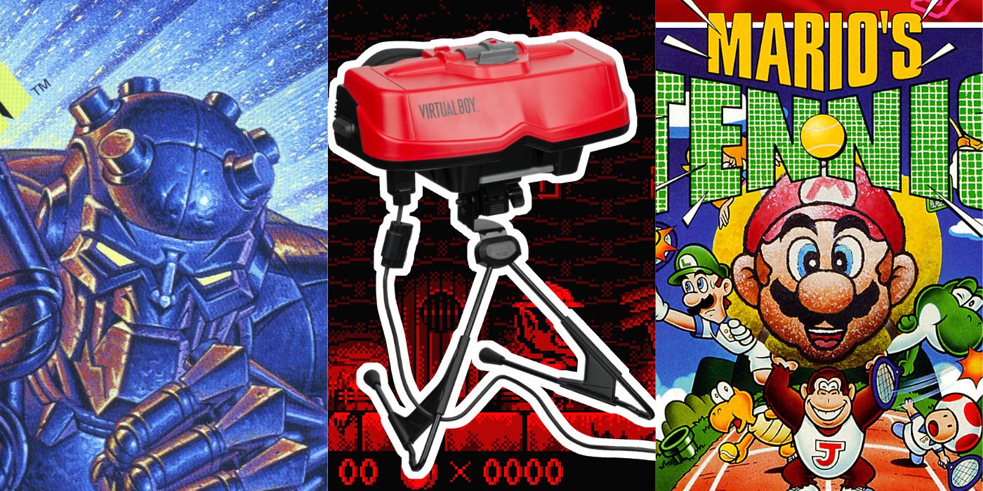 Split image of Teleroboxer, the Nintendo Virtual Boy console, & Mario Tennis box cover art.