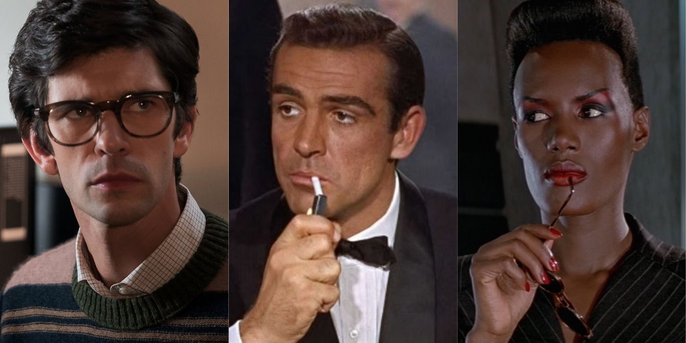 Split image of Q in No Time to Die, James Bond in Dr. No, & May Day in A View to a Kill.