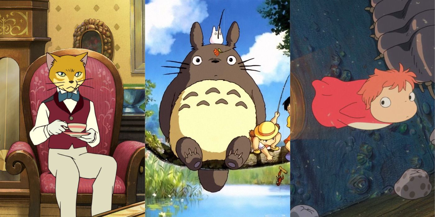 Split image of The Baron in The Cat Returns, Totoro in My Neighbor Totoro, & Ponyo in Ponyo.
