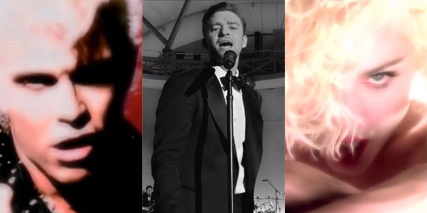 Split image of Billy Idol, Justin Timberlake, & Madonna in three David Fincher music videos.