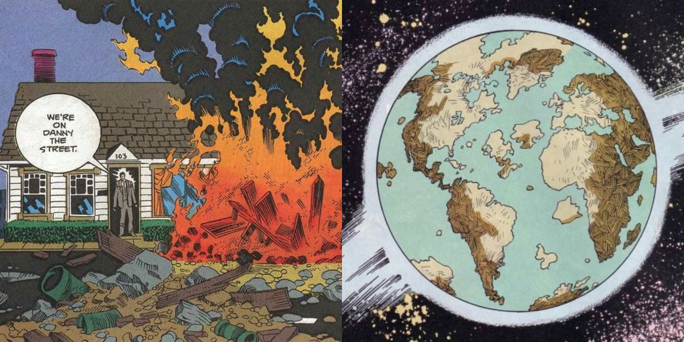 Split image of a fire on a street and the Earth from outer space in DC Comics.