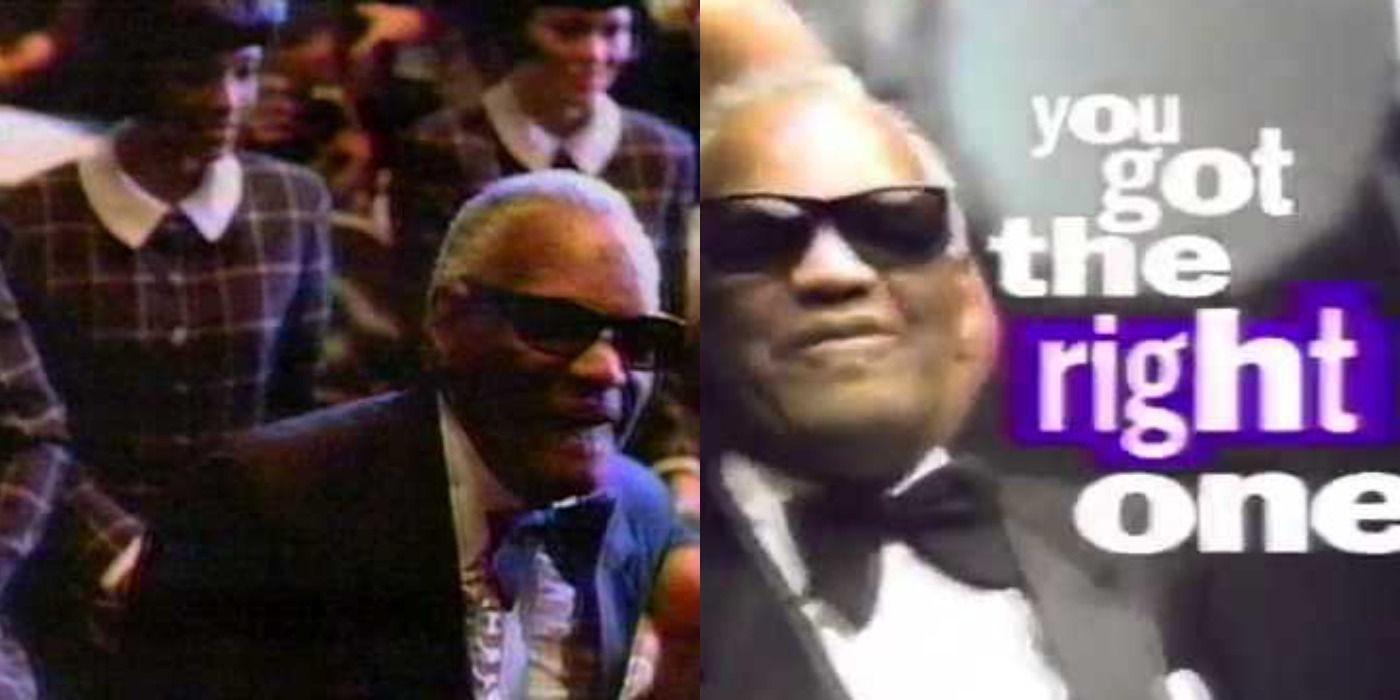 Split image of Ray Charles with school children &amp; Ray facing the camera in a Pepsi commercial.
