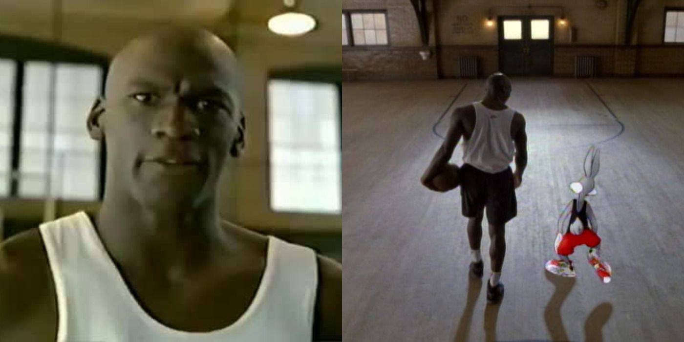Split image of Michael Jordan &amp; Jordan walking with Bugs Bunny in Nike's &quot;Hare Jordan&quot; commercial.
