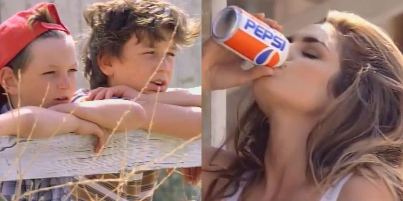 Split image of two boys looking &amp; Cindy Crawford drinking a Pepsi in a commercial.