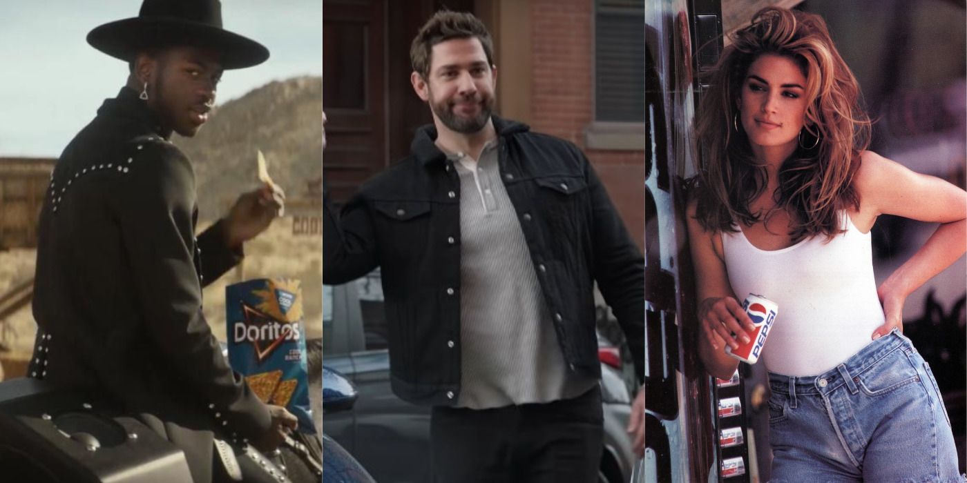 Split image of Lil Nas X on a horse, John Krasinski, & Cindy Crawford in a Pepsi commercial.