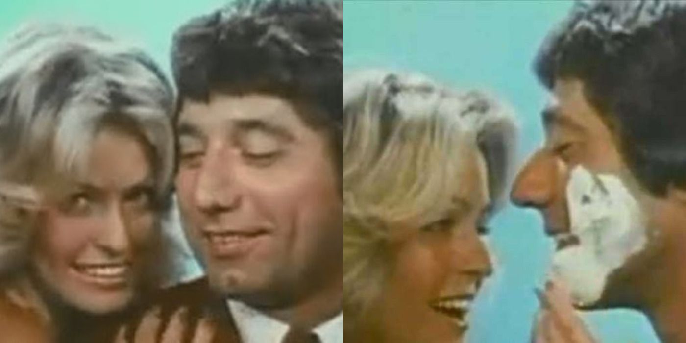 Split image of Joe Namath and Farrah Fawcett next to each other &amp; applying face cream in a Noxema commercial.